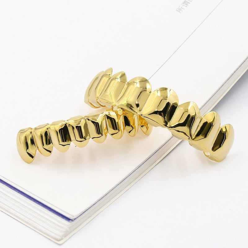 JINAO Grillz Teeth Men - Grills for Your Teeth 8 Top & Bottom Set, 18K Gold-Plated Brass Dental Grills with Molding Bars, Unisex Hip-Hop Rapper Costume Accessory(Golden Set) - Image 2